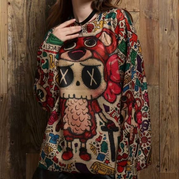 Womens Pullover Sweater Small Beige Red Stretch Crew Neck Print Bear Dolls Relax - Picture 2 of 16